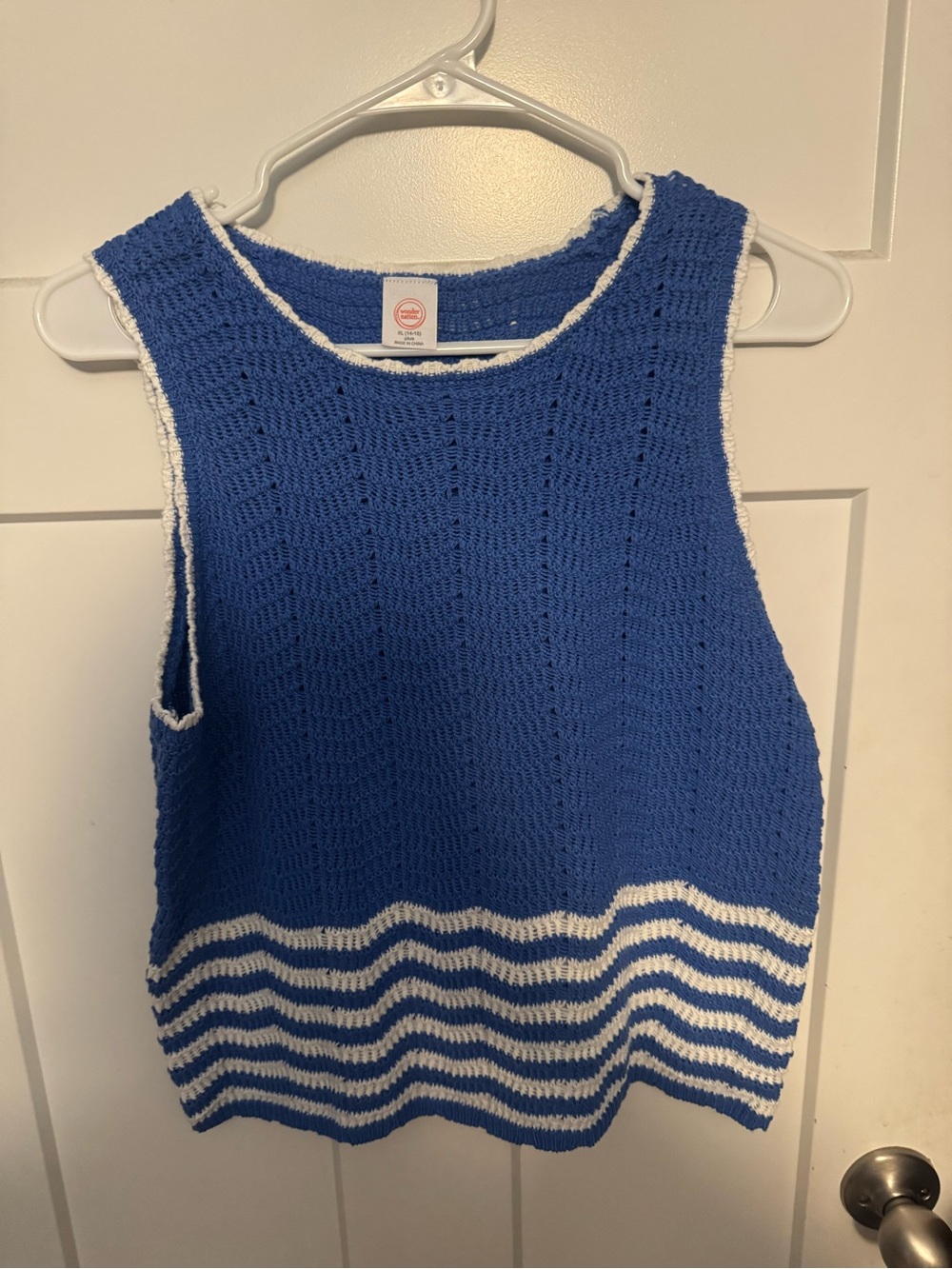 George Blue Crochet Tank with White Striped Hem